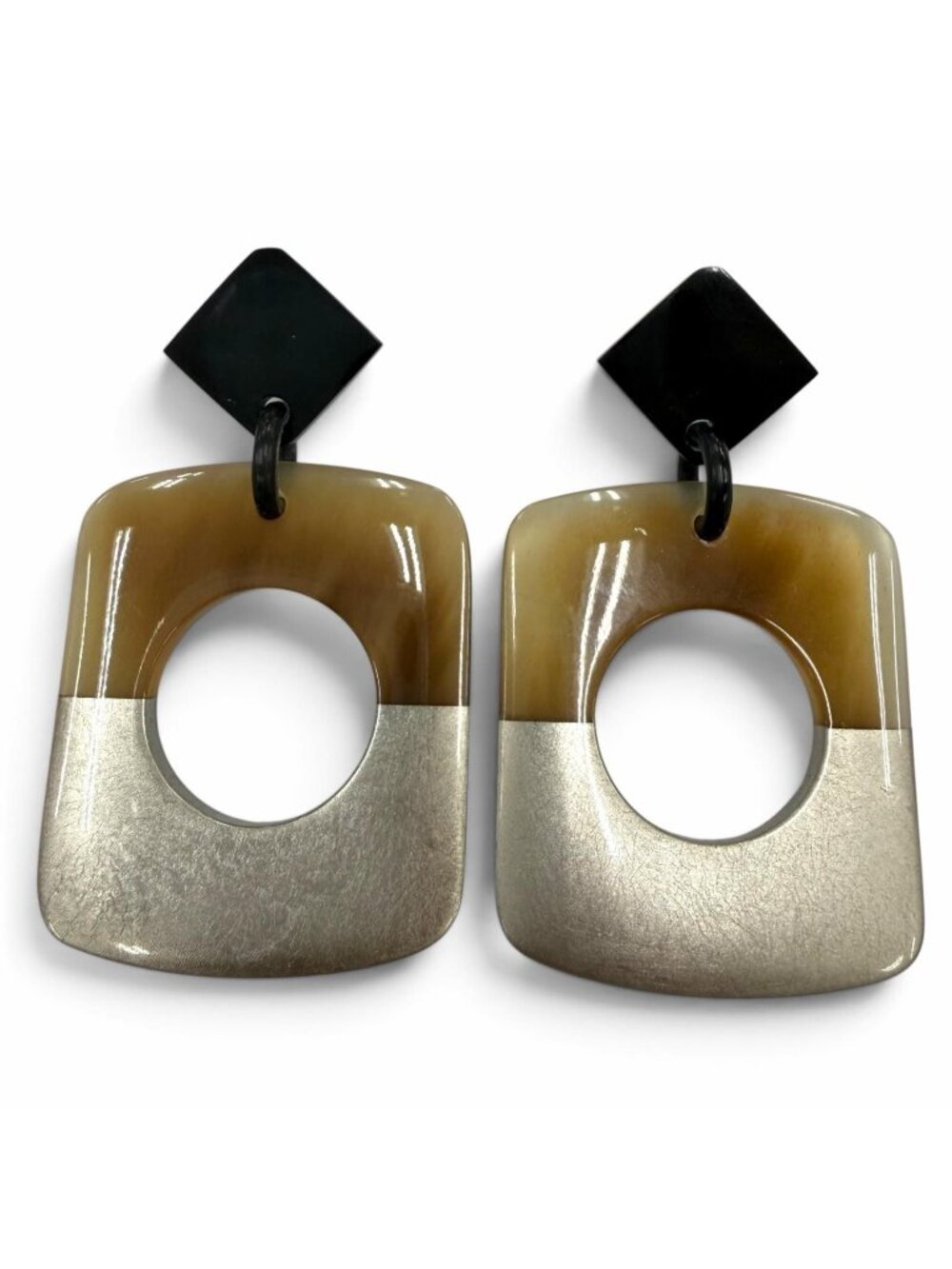 Hermes Buffalo Horn Sellier Post Earrings Beige Silver Dark Brown